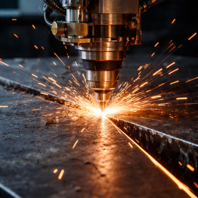 Obraz przedstawia laser do cięcia stali w trakcie pracy.